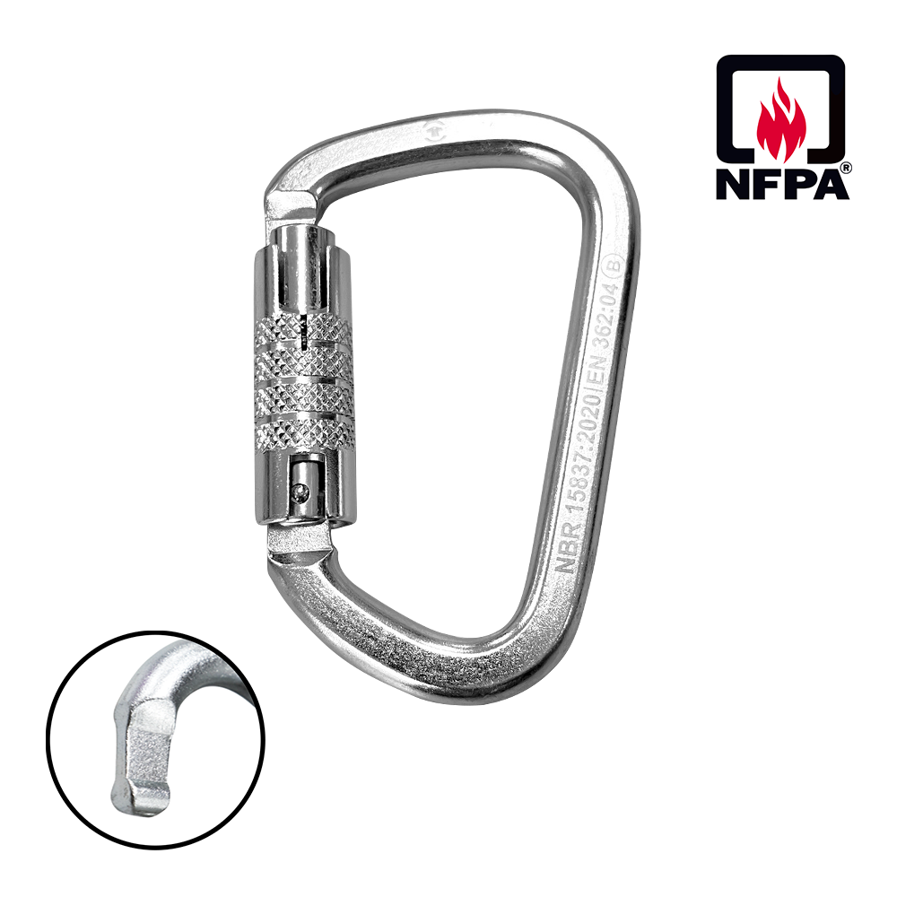 MOSQUETÃO NFPA D AÇO TRIPLA TRAVA 40KN KEYLOCK – BULLET D TRIPLE